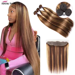 Ishow Highlight Human Hair Bundles With Frontal Ombre Hair Locks With Closures Brazilian Straight Hair Bundles With Frontal