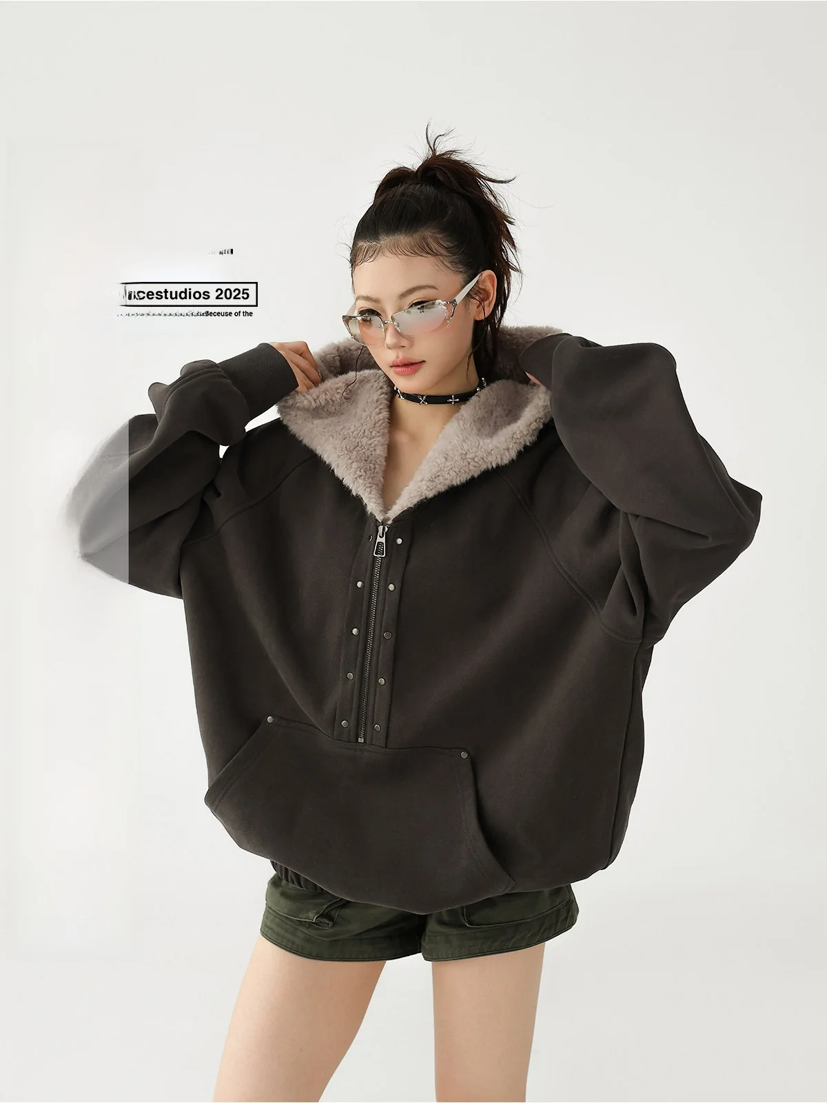 

AceStudios Heavy Du Rivet f Open Collar Plu Hoodie Sweatirt Street Sle Vintage American Retro Zipper keted Cott...