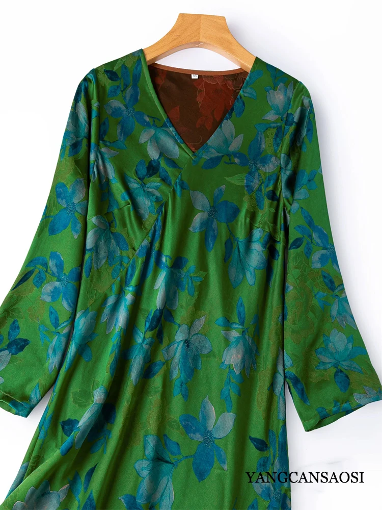 2026 Women's Fashion Autumn New Retro Slant Cut 100% Natural Mulberry Silk Fragrant Cloud Yarn V-neck Long Sleeve Party Dress