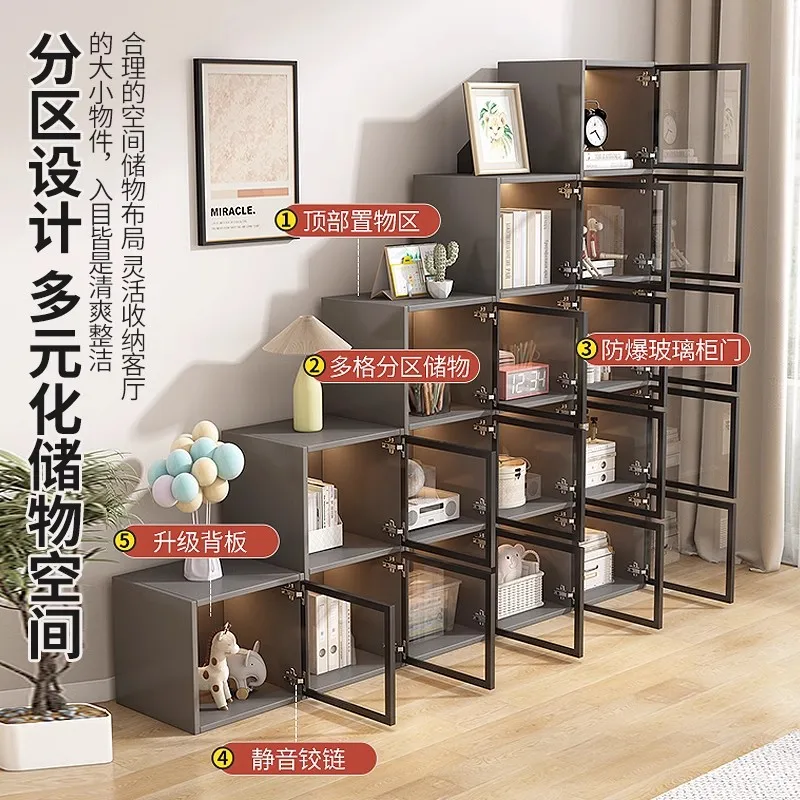 Bookcase with glass door display free combination square grid vertical cabinet narrow cabinet household living room stairwell