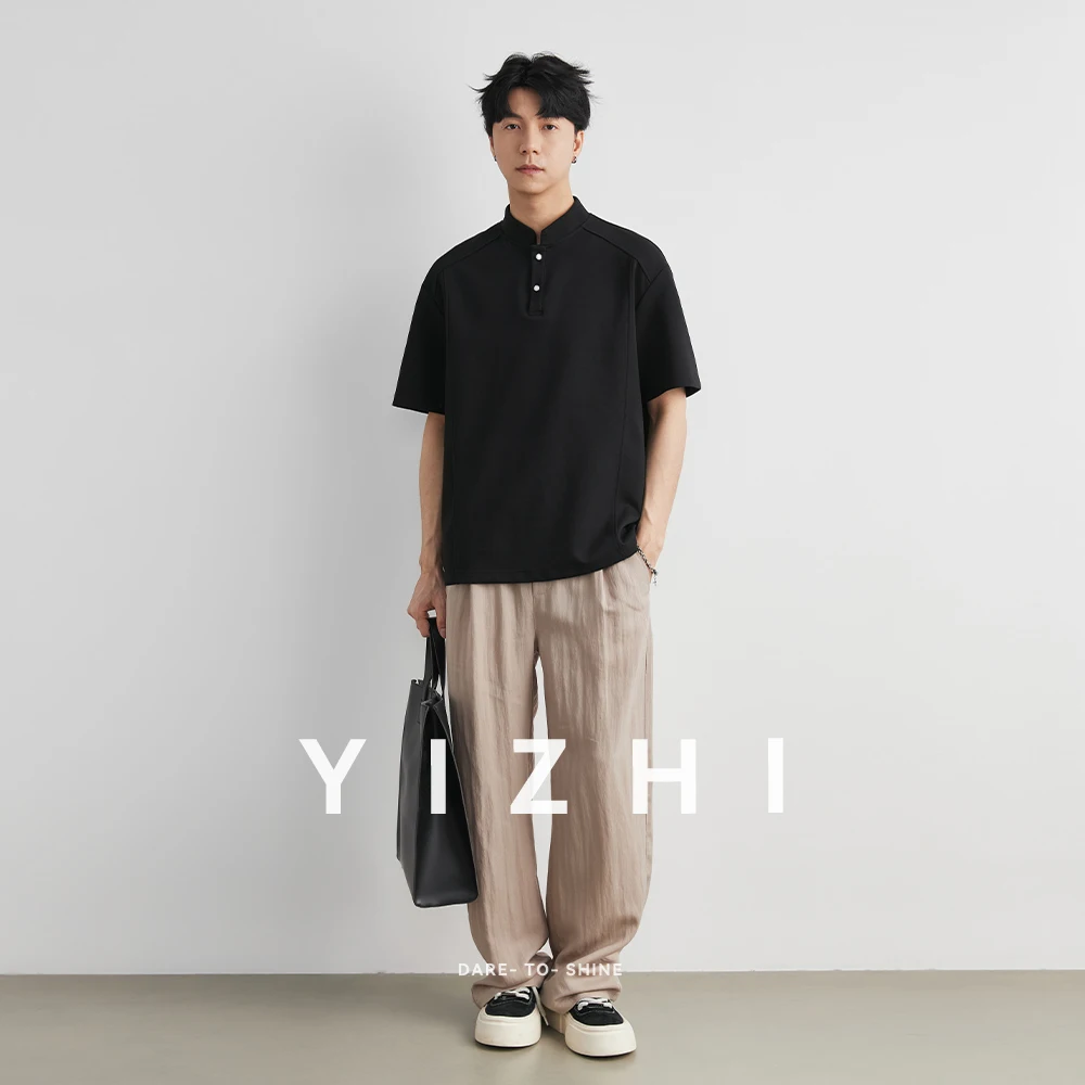 Men's Heavyweight 240g New Chinese Stand Collar Button Short Sleeve T-shirt Summer Loose Drop Shoulder Minimal Casual Top