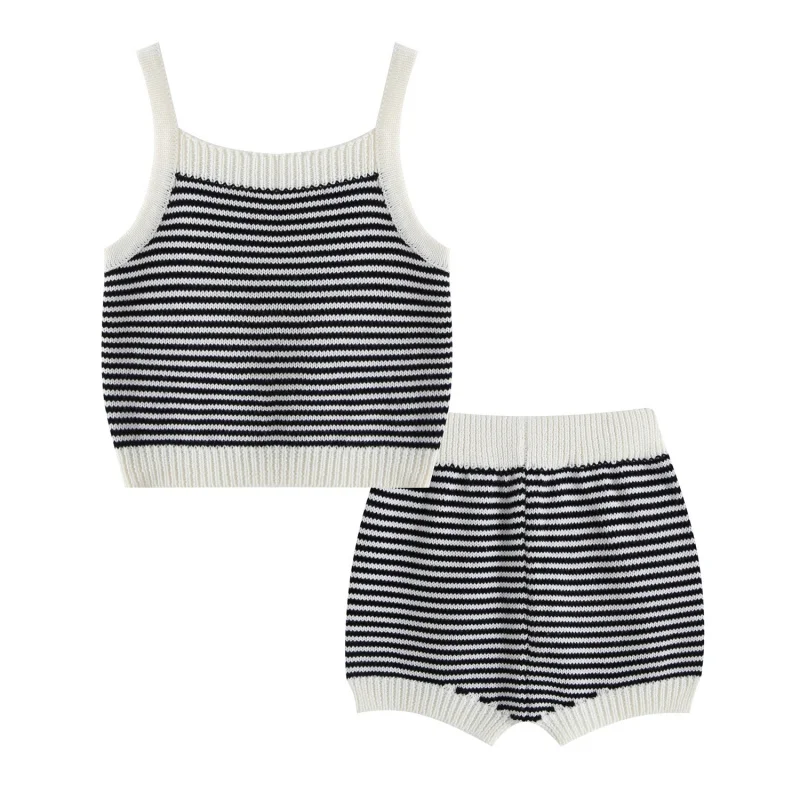 

Infant and Toddler Knitted Striped Thin Set Spring/Summer New Style Unisex Baby Casual Camisole and Shorts Two-Piece Set