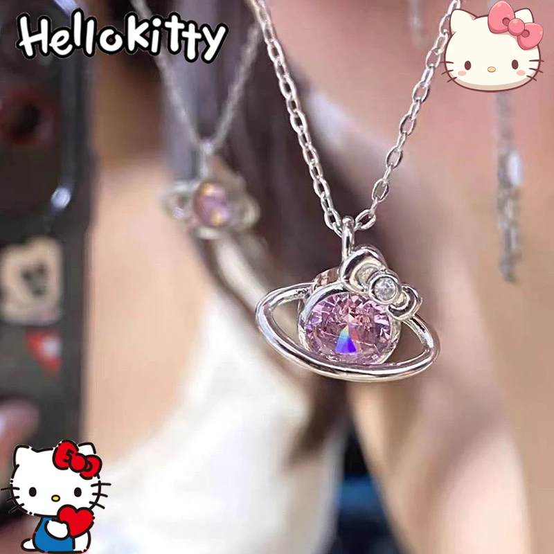 

New Fashion Trend Sanrio Helloes Kittys Delicate Diamond Necklace Double Ring Clavicle Chain for Women Cute Cat Children Like It