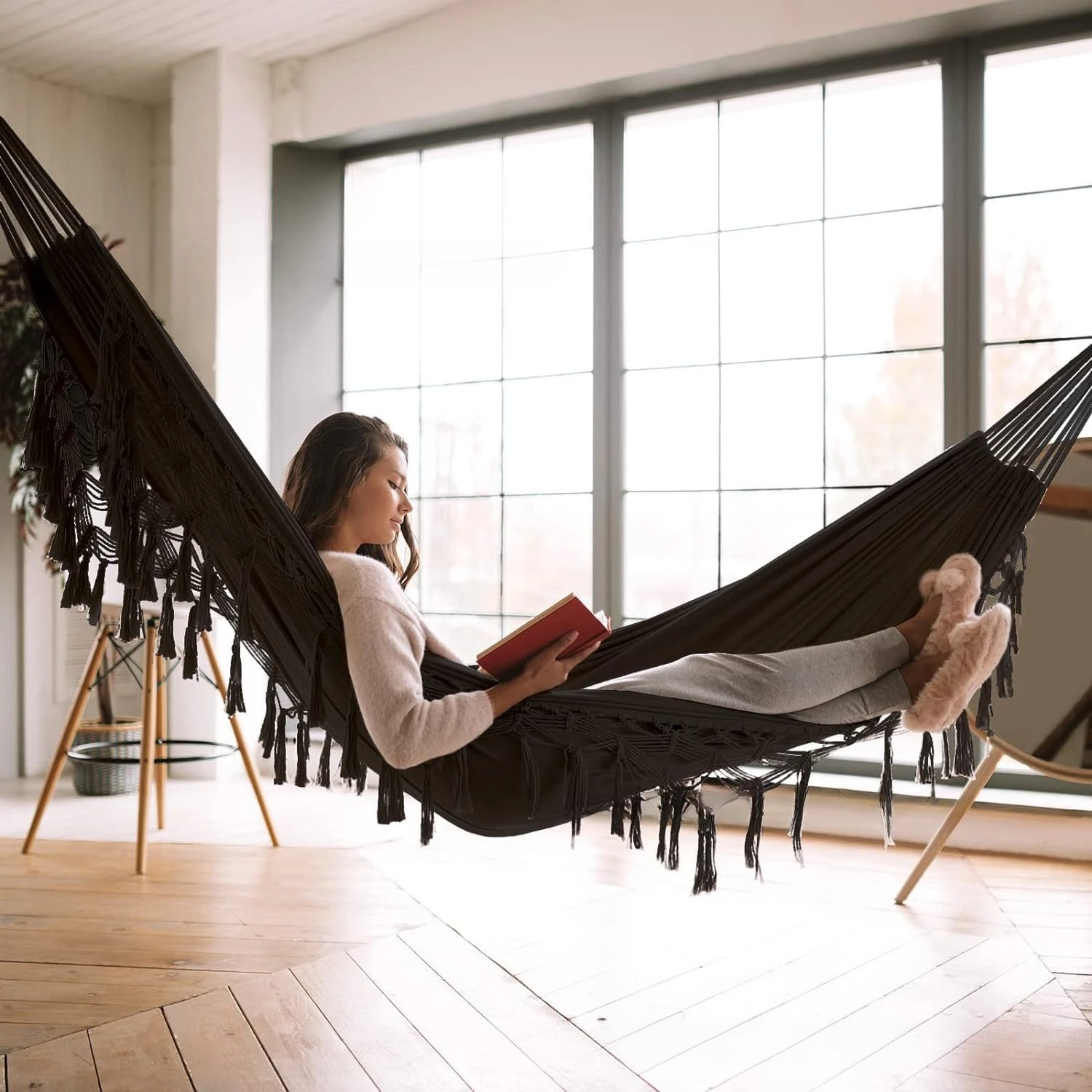 Extra Wide Double Fringe Hammock Canvas Material Outdoor Patio Homestay Anti Tipping Hanging Bed