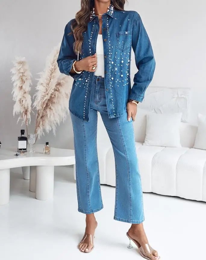 Pearls & Rhinestone Decor Turn-Down Collar Button Front Denim Shirt Casual Top
