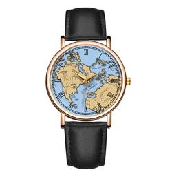 Reloj de pulsera de cuarzo para mujer, cronógrafo de cuero, resistente al agua, con mapa del mundo, informal, a la moda