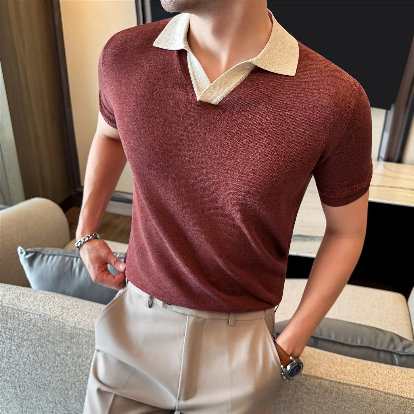

Новая мужская летняя льняная трикотажная рубашка-поло с контрастным воротником, V-образным вырезом, повседневная, дышащая, с коротким рукавом