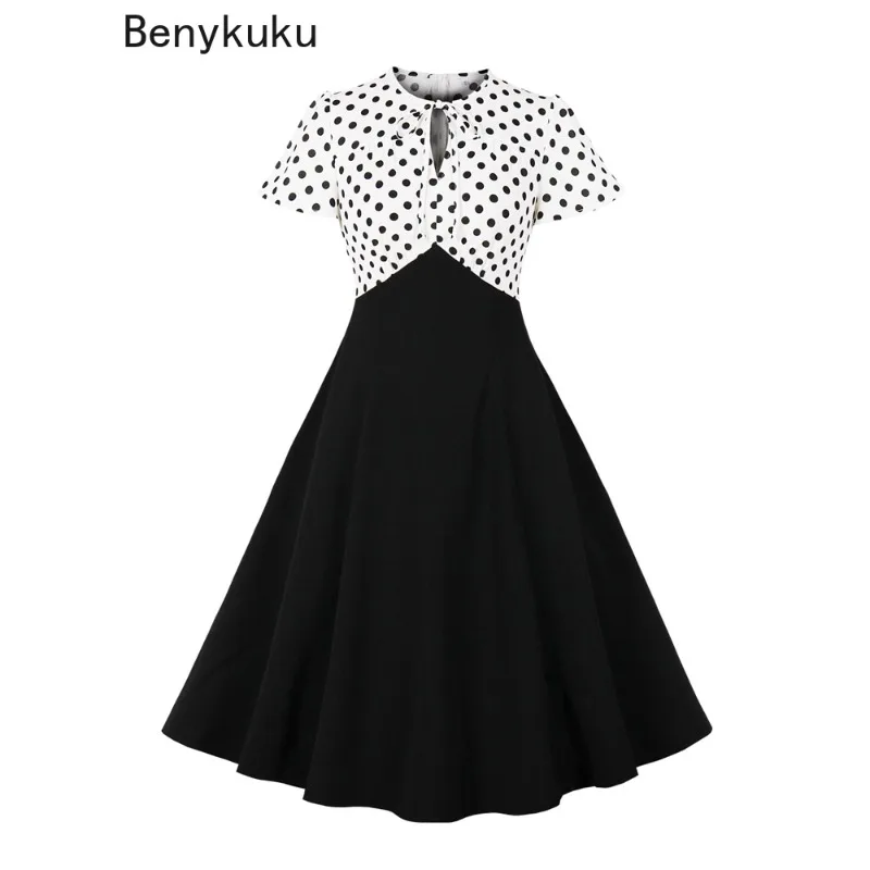 

Женское винтажное платье в горошек, белое/черное платье с завышенной талией и широкой юбкой в стиле 50-х годов, лето 2024