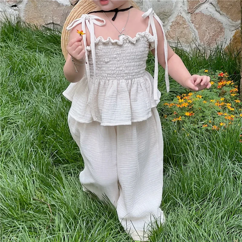 Children Clothing Set Korean Girls Summer Cotton Tie Tank Sling Smocked Top Wide Leg Pants Trousers Outfits Kids Clothes Sets