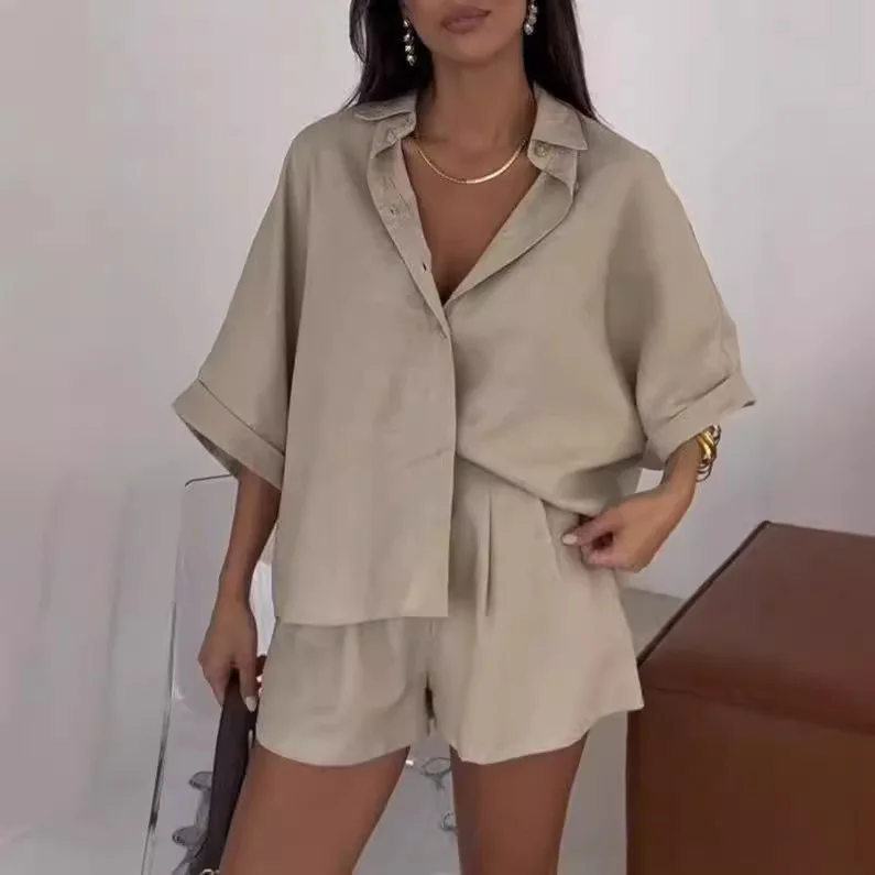 

Шорты, свободная домашняя одежда для женщин, летняя повседневная женская ночная рубашка, костюм из двух предметов, сексуальный отложной воротник, ночная рубашка с короткими рукавами