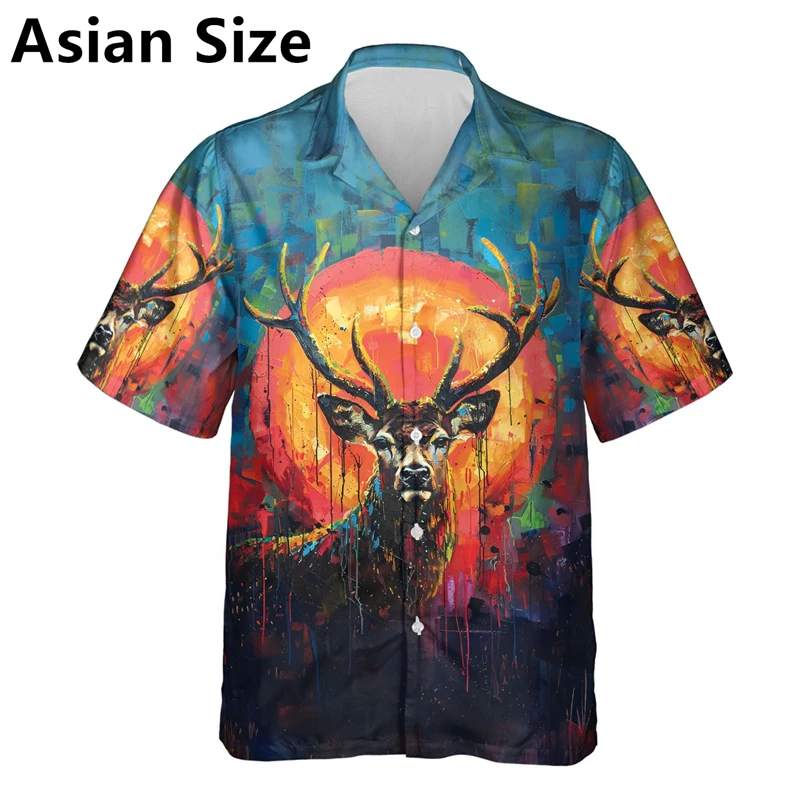 Trend Deer Graphic Shirts For Men Fashion Summer Lapel Button 3D Animals Printed Hawaiian Shirt Trend Streetwear Oversized Tops