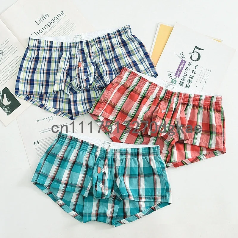 3-piece Mens Plaid Boxer Shorts Button Fly Loose Cotton Underwear Breathable Checkered Mens Home Sleep Underpants For Daily Wear