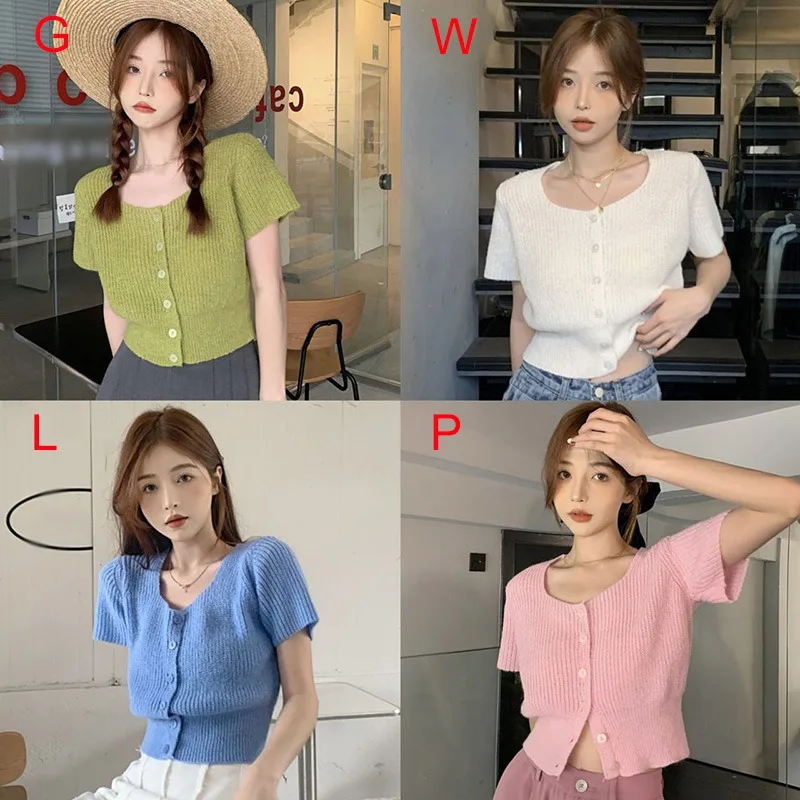 Summer Women Casual Solid Color Square Neck Tops Fashion Versatile Knitted Short Sleeved Cardigan Top