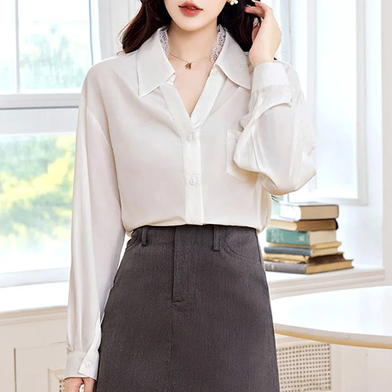 

Женская рубашка, блузка, новая кружевная белая рубашка с длинным рукавом и отложным воротником, женские топы, блузки, рубашки Blusas Para Mujer Q1342