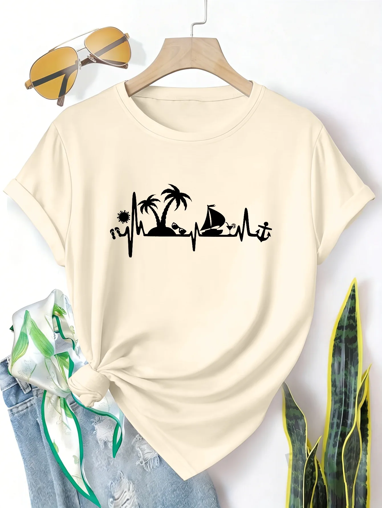 

Plus size women's short sleeve T-shirt Palm Tree Boat Anchor Heartbeat Everyday comfortable and versatile style summer outfits
