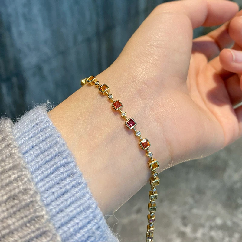 Aazuo Original 18K Yellow Gold Natrual Color Sapphire Real Diamond Rainbow Bracelet For Woman Upscale Trendy Engagement Party