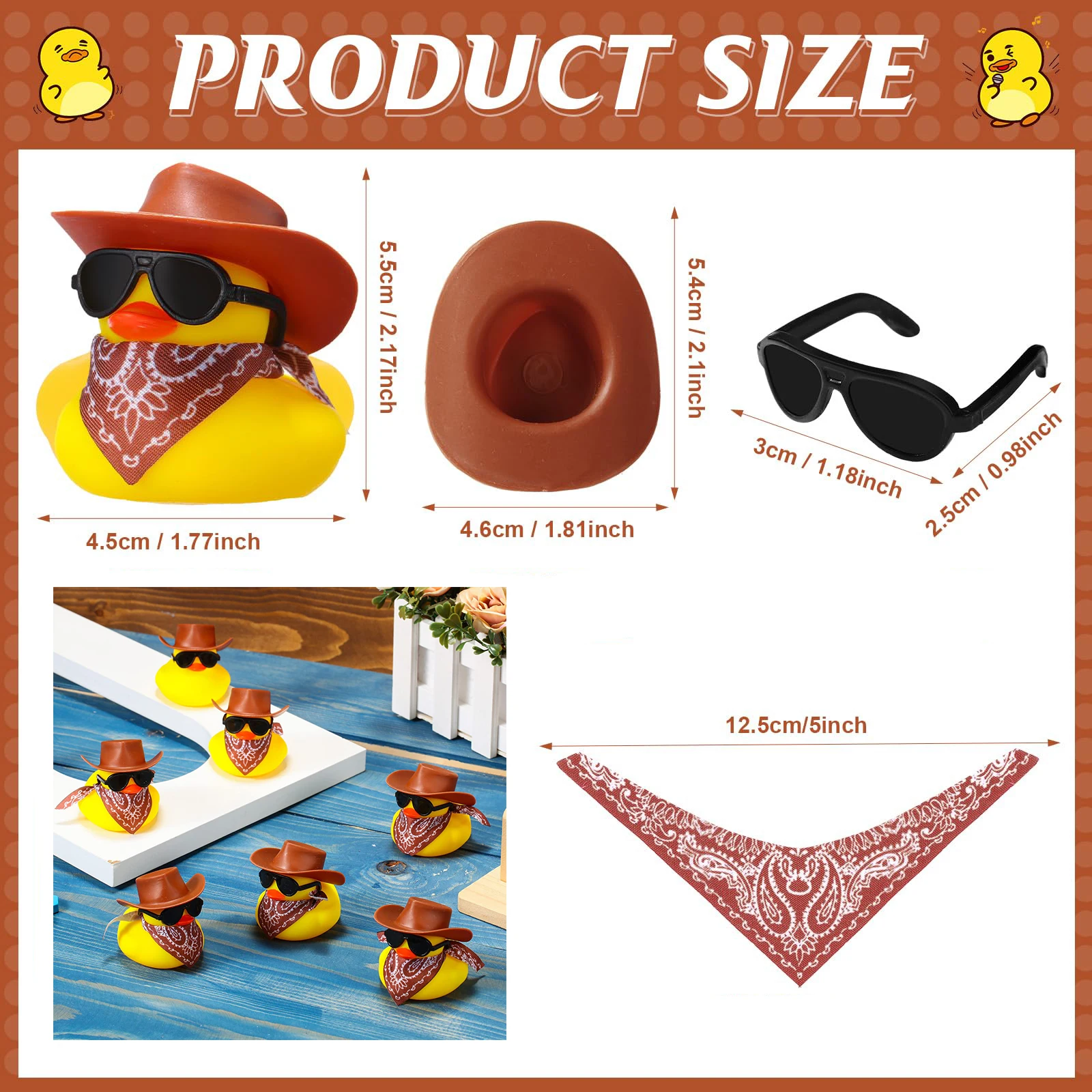 60 ensembles de canards en caoutchouc de Cowboy avec écharpe, chapeau et lunettes de soleil, Mini canard de bain, jouets pour anniversaire, fête de natation, cadeaux, décorations