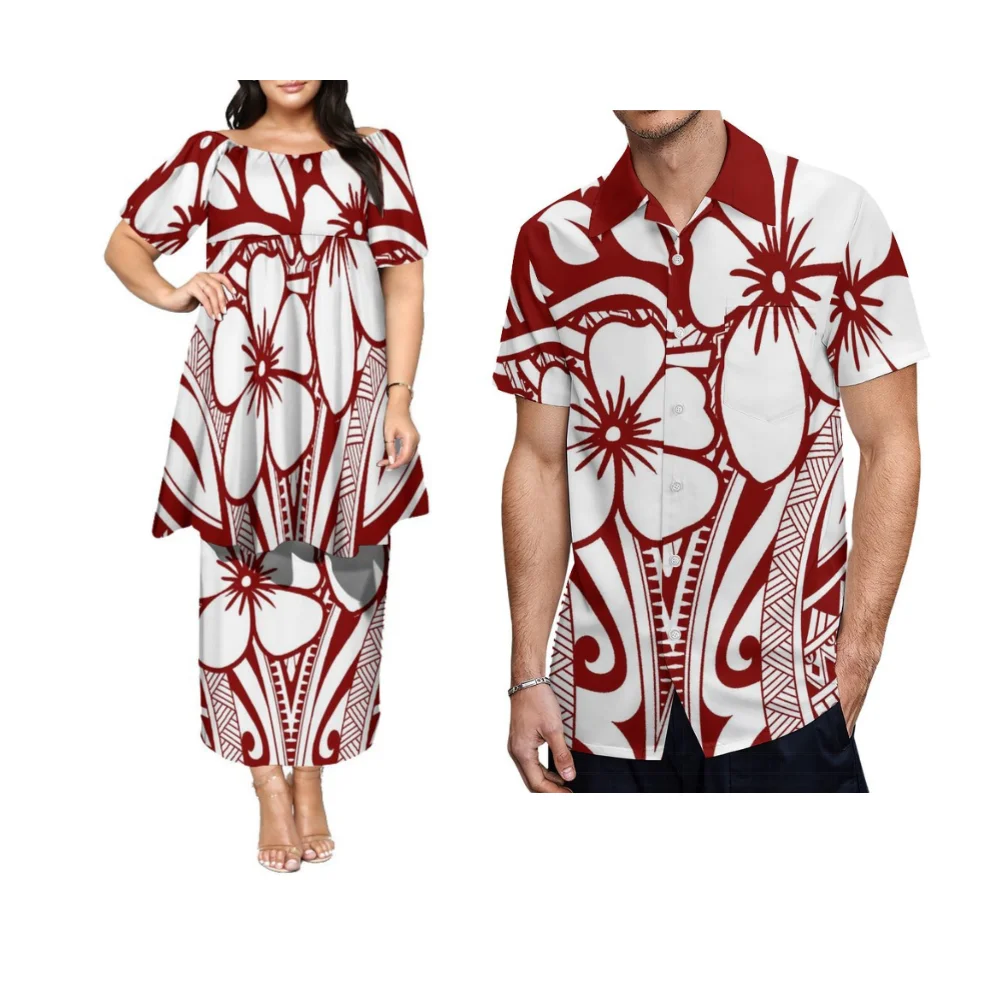 Casal verão feminino design tribal manga borboleta meados de manga saia dupla camada polinésia camisa casual masculina