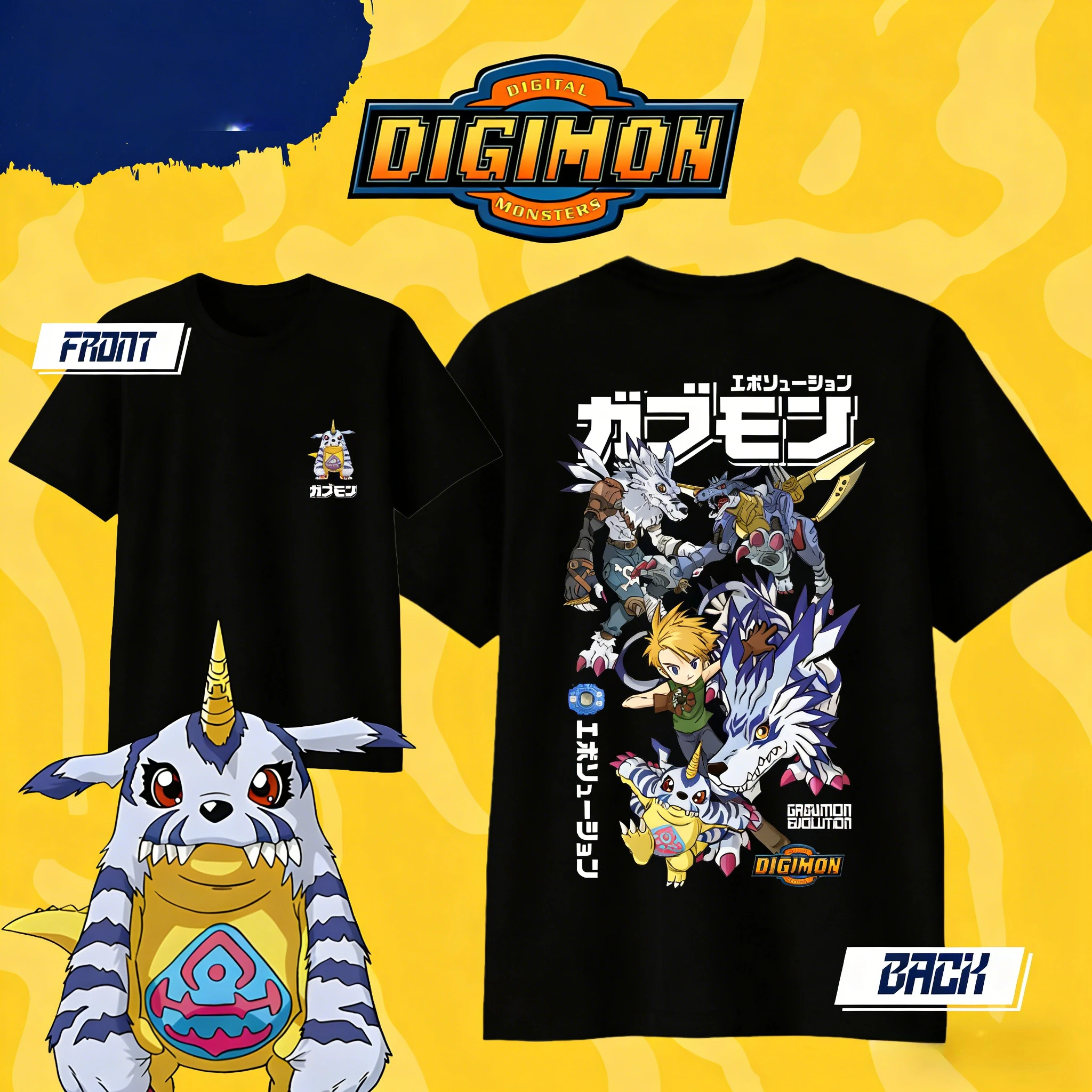 Digimon Gabumon Evolution T-Shirt aus reiner Baumwolle für den Sommer 2026, modisches, lässiges Kurzarm-T-Shirt für Kinder/Herren/Damen, Streetwear