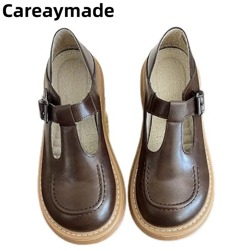 

Careaymade-Genuine leather British retro shoes Roman sandals Academy shallow cut T-shaped summer new thick soled women's shoes