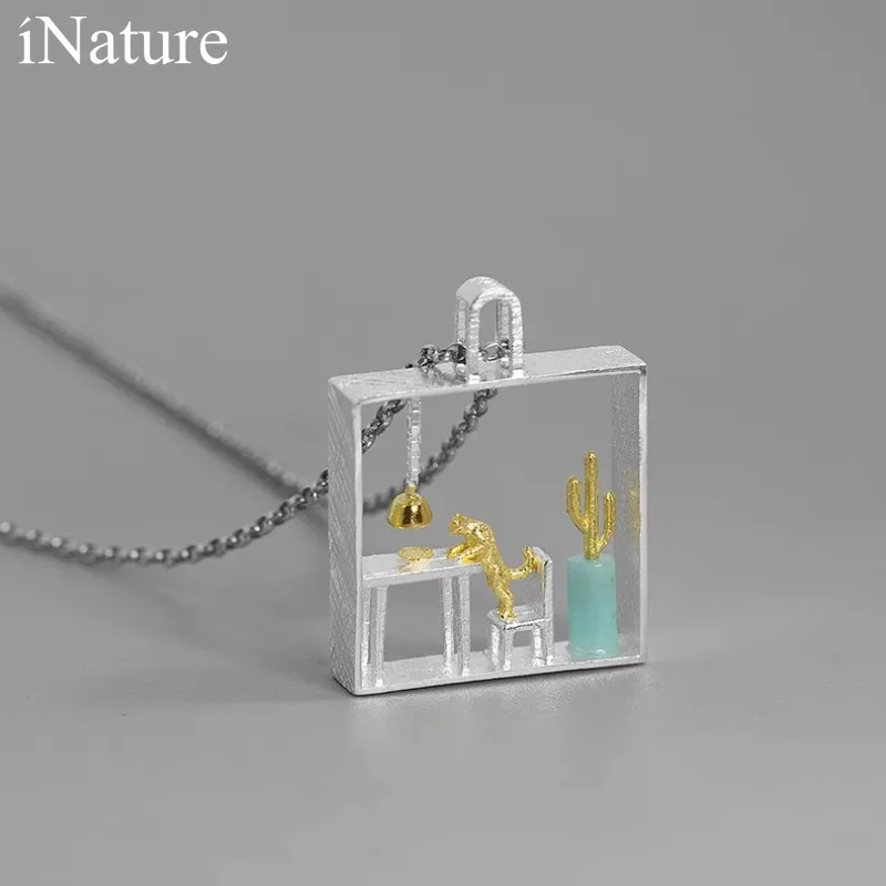 

INATURE Cat at Home, стерлинговое серебро 925, синий амазонит, геометрическая квадратная подвеска, ожерелье для женщин, модные ювелирные изделия, подарок