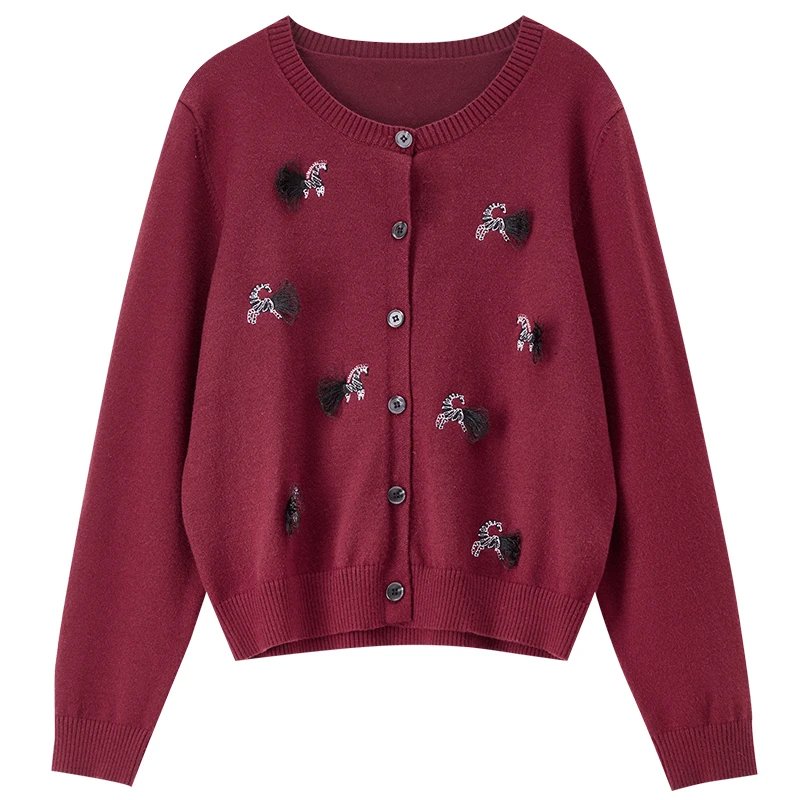 SENTUBILA Women's Lucky Pony Commuter Cardigan 2025 Autumn New Soft O-Neck Single-Breasted Casual Knit Sweater Coat W53EB3516