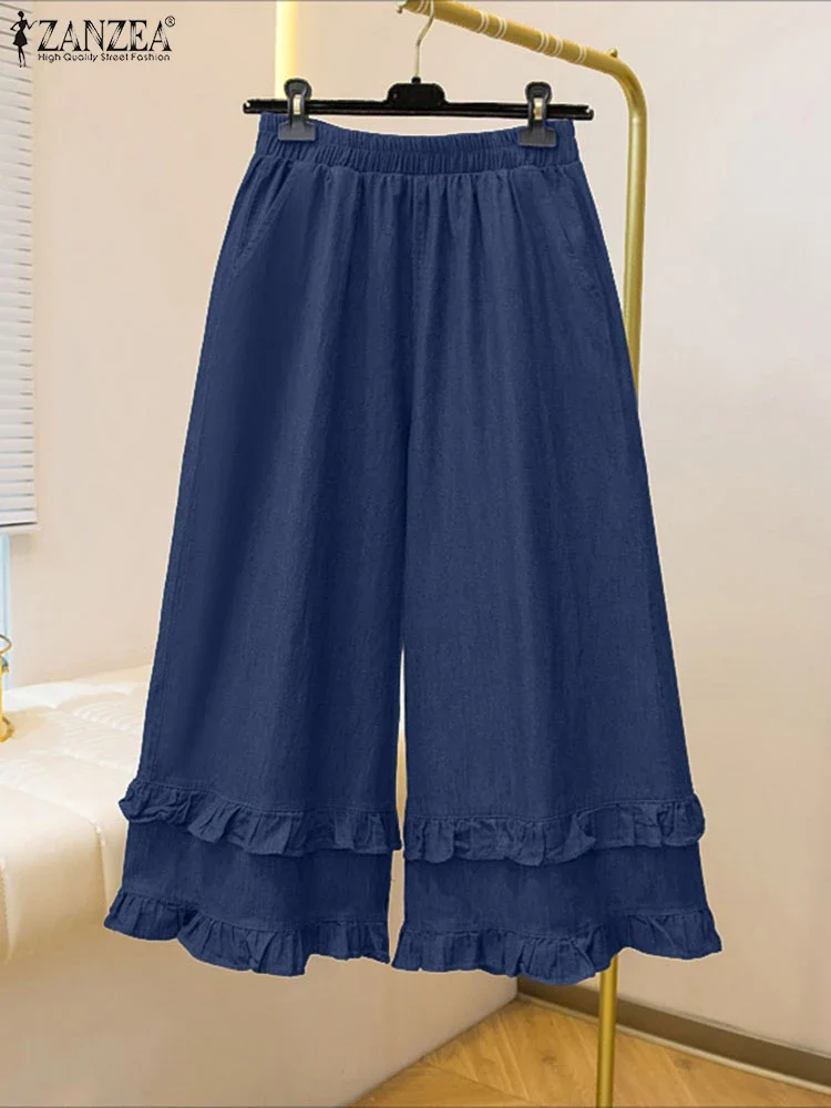 ZANZEA femmes Vintage pantalon à jambes larges 2025 automne taille haute pantalons longs décontracté taille élastique ample surdimensionné à volants Pantalons