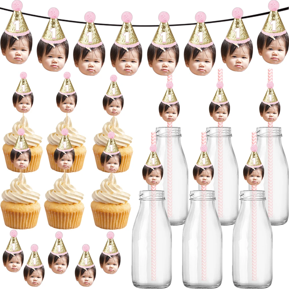 Pegatinas de regalo de pancarta de papel personalizadas para Baby Shower y fiesta de cumpleaños y juego de paja para complemento de pastel, accesorios de decoración para fiesta