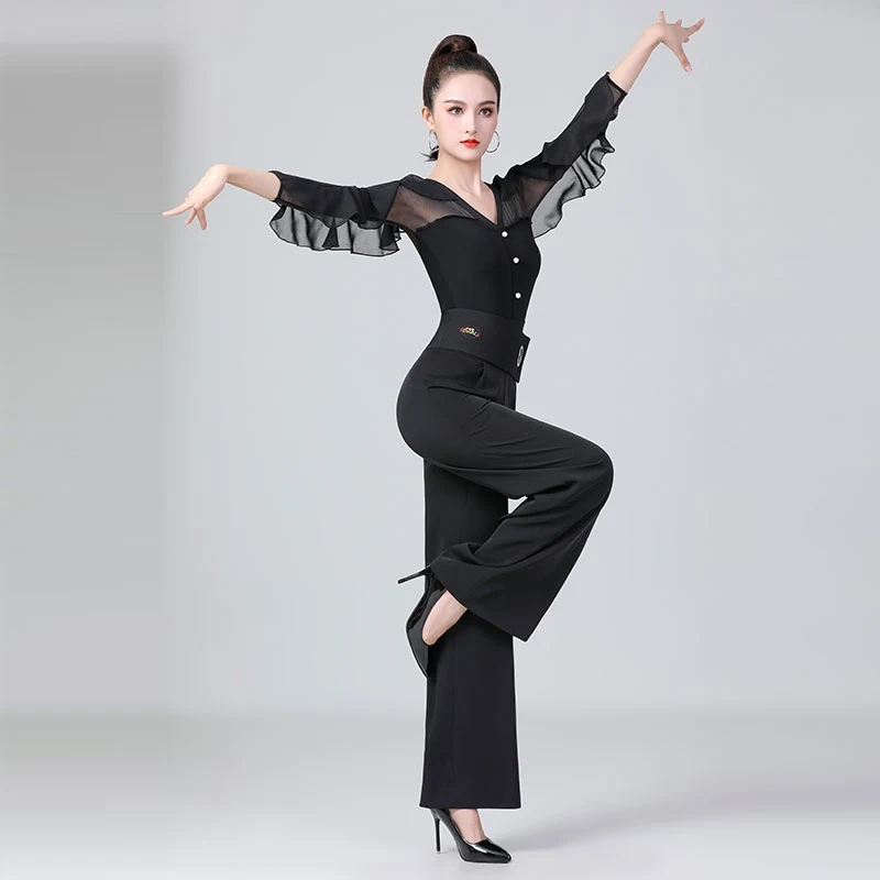 2025 femmes moderne danse haut maille demi manches combinaison Chacha Rumba Tango danse salle de bal danse latine Costumes porter DN21035