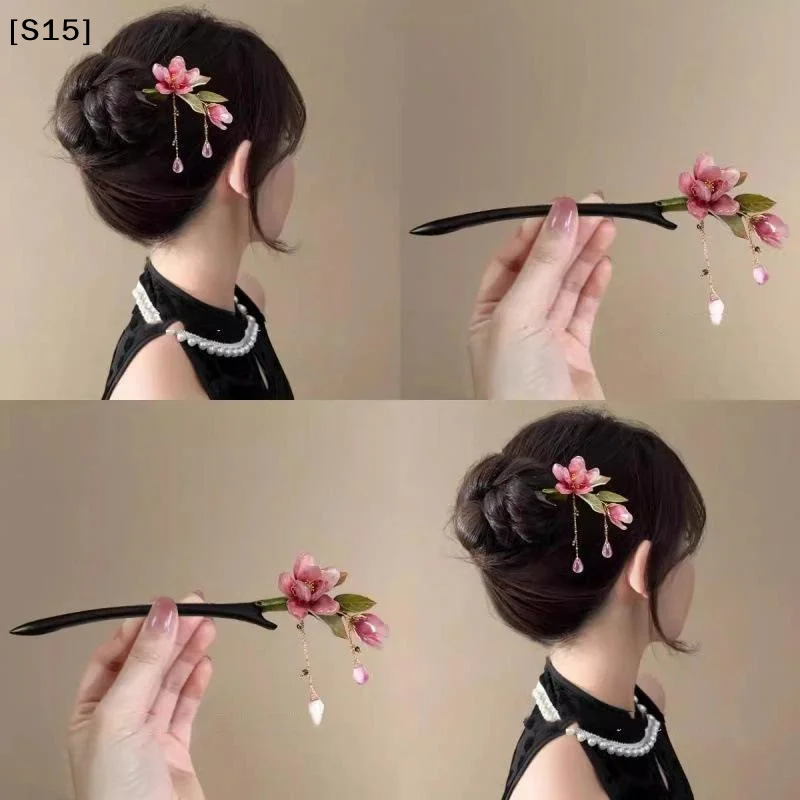 〔S15〕Floral Hair Stick Chinese Style Retro Hanfu Pink Flower Tassel For Women Party[S15]