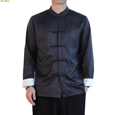Chinese Style Black Men's Long Sleeve Shirt, Stand Collar Single-Breasted Shirts, Asian Size Loose Fit Top, Blue Pink Gray Blue.