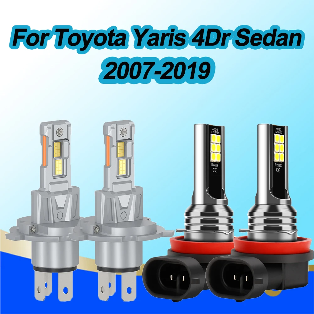 H4 H11 Combo LED Headlight Hi/Low Beam Fog Light Bulbs For Toyota Yaris 4Dr Sedan 2007-2019