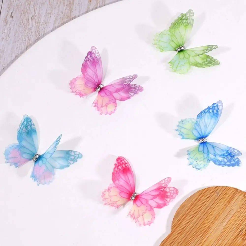 50 pièces d'appliques papillon 3D en tissu organza, dégradé de couleurs, double couche de mousseline, patchs brodés translucides