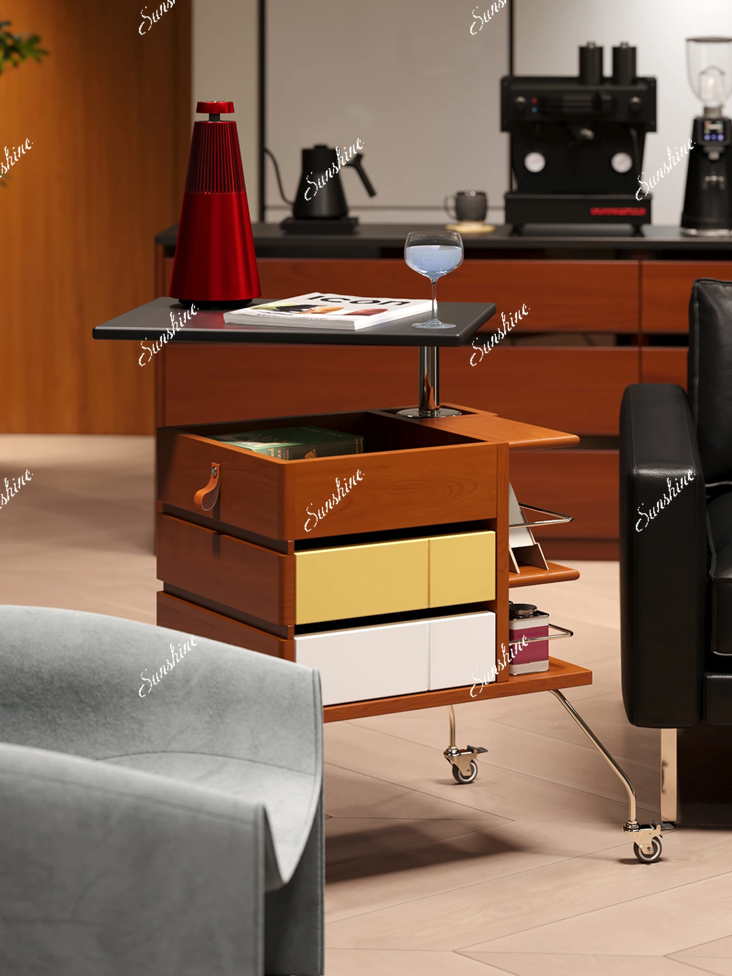 

Medieval style cart side table, living room home solid wood movable sofa, tea corner table