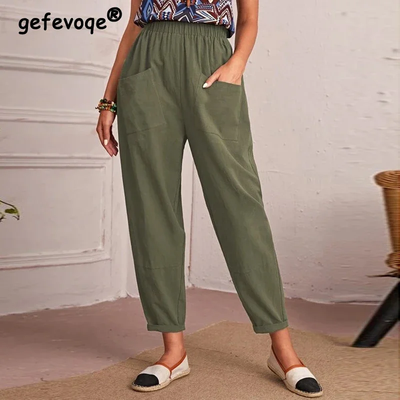 

2023 Women Retro Casual Elastic High Waist Cotton Linen Harem Ankle Length Pants Summer Solid Loose Pockets Trousers Pantalones