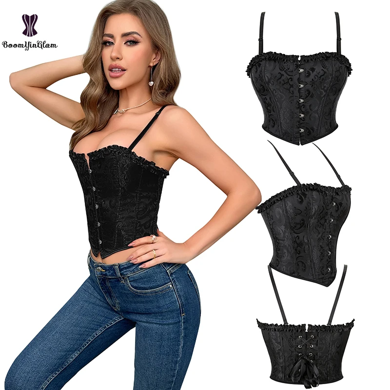 12 Glue Bones Ruffled Lace Up Corset Top Plus Size Fashion Cropped Women\'s Gothic Vintage Corselet With G String