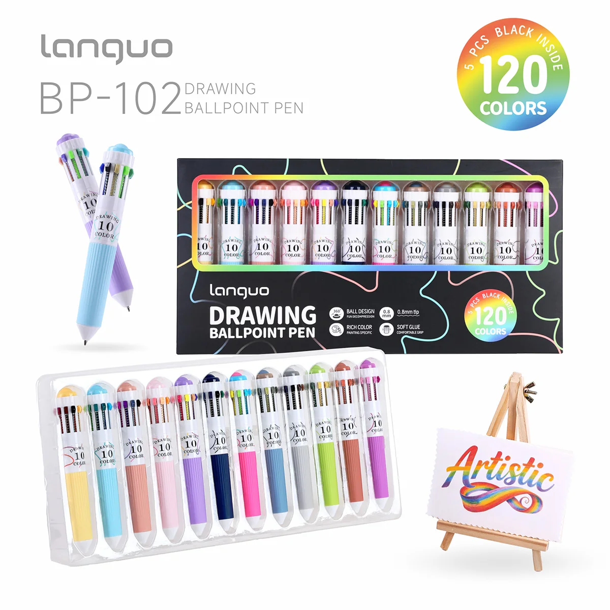 LANGUO Multicolor Pens 28/60/120 Colors 10-in-1 Colored Ballpoint Pen 0.8mm Fine Point Smooth Writing Retractable Ballpoint Pens