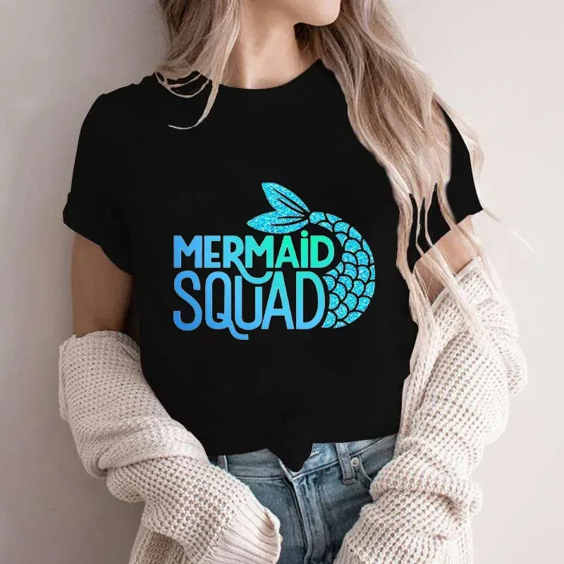 Mermaid Squad Print Women Clothing Harajuku Female T-Shirts Short Sleeve Tees Mermaid Y2k Graphic Birthday Girls Party Tops