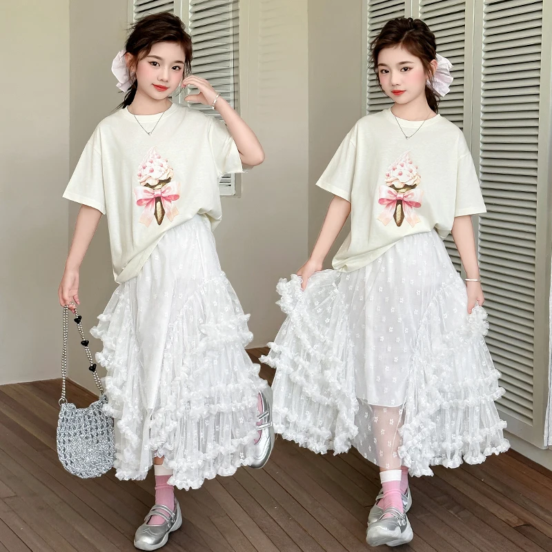

Girls Summer Short-Sleeve Set Children's T-Shirt + Tiered Skirt Two-Piece Set Kids Clothing Set 2025 New