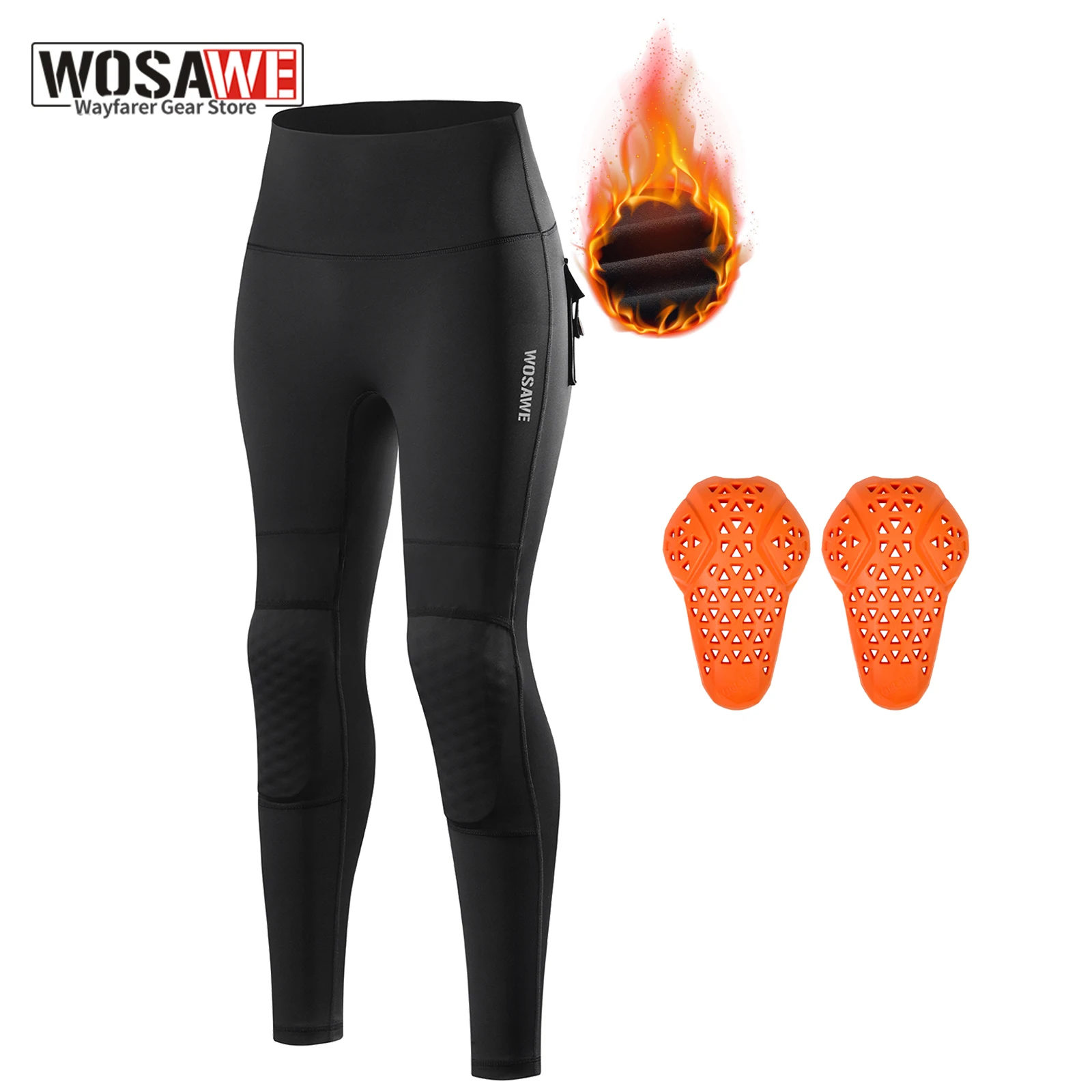 WOSAWE Women Fleece Lined Motorcycle Riding Pants High Waist Thermal Stretchy Pant Butt Lift Push Up with Removable Knee Pads