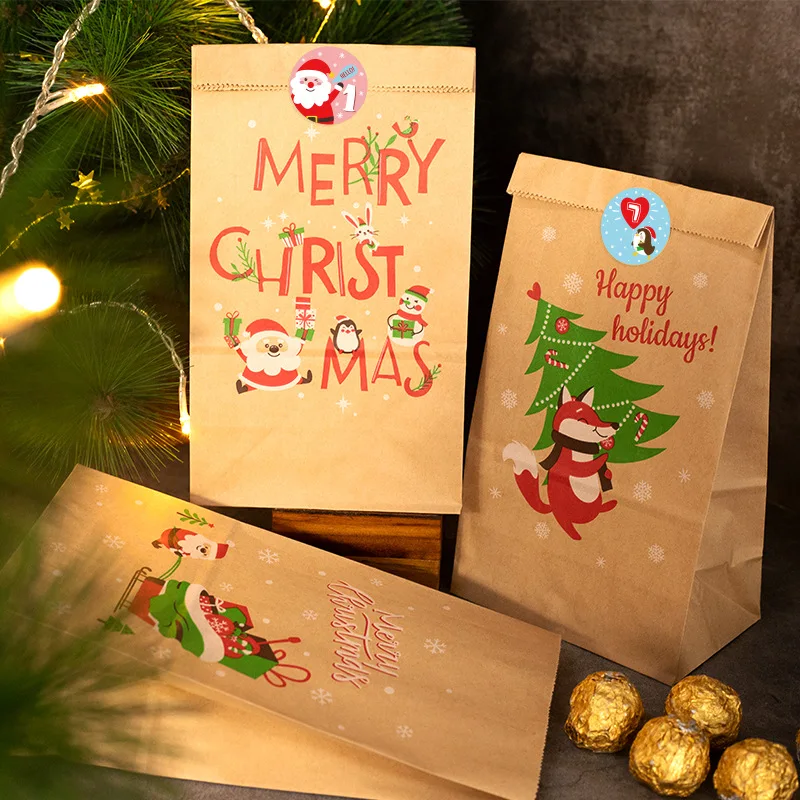 Weihnachts geschenk Taschen Kraft Papiertüte Süßigkeiten Keks Verpackung Tasche Weihnachten Advents kalender digitale Aufkleber Verpackung liefert 24 stücke – Detail 3