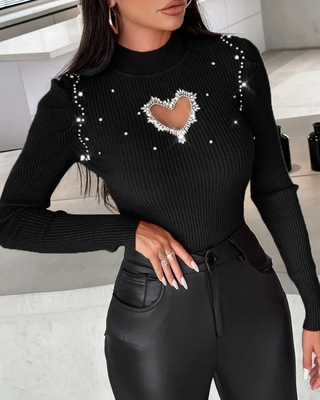 Tops for Women Winter Blouse Casual Solid Color Rhinestone Hollow Heart Knit Long Sleeve Pullover Skinny Sweater for Women