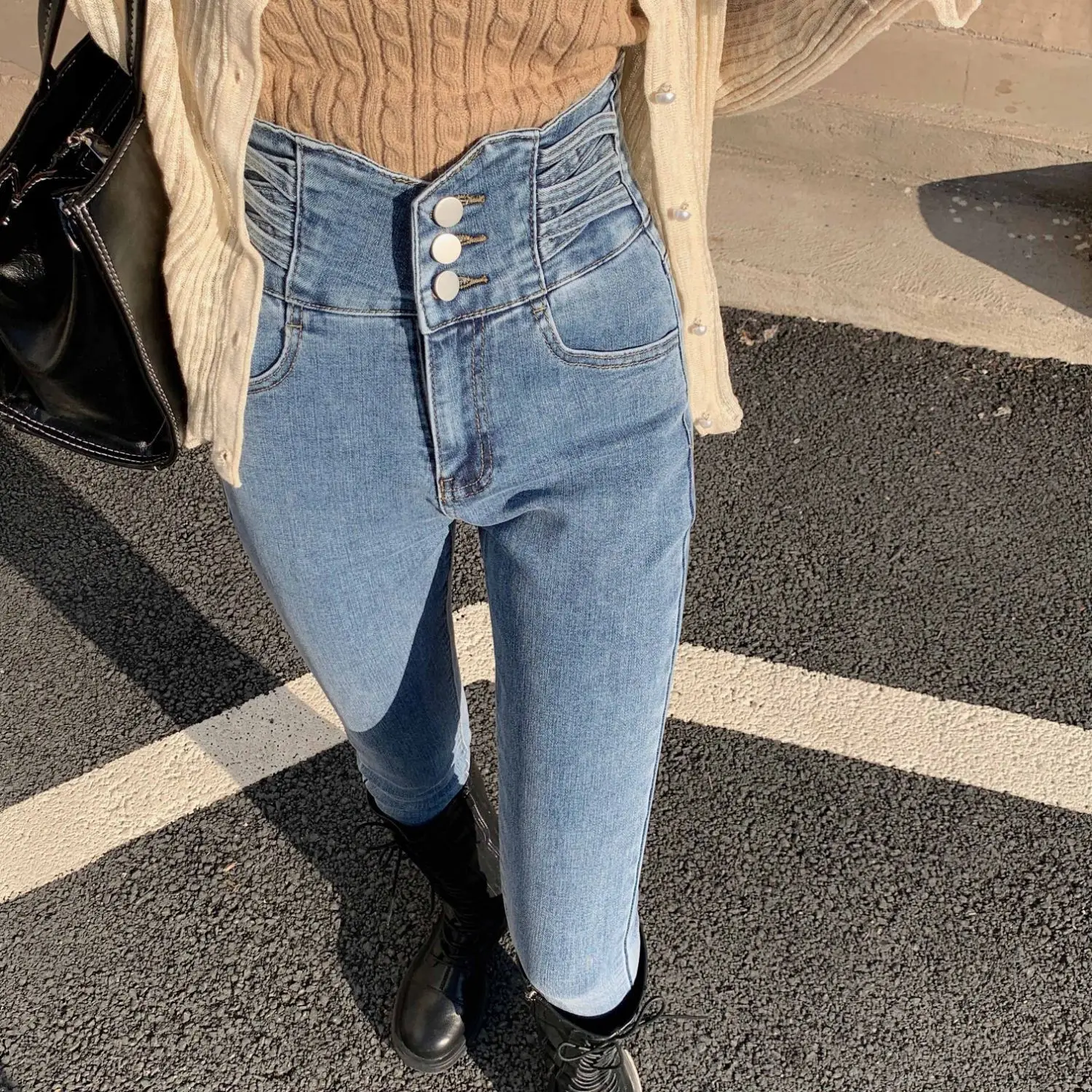 High Waist Stretchy Slimming Women's Jeans Spring Autumn New Style Korean Version Versatile Elastic Pencil Pants Trendy