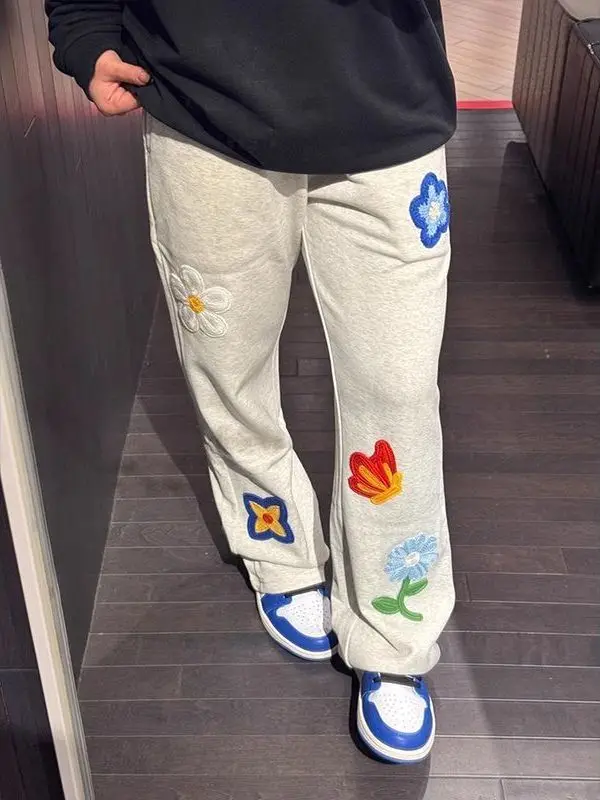 

Мужские летние спортивные брюки больших размеров с вышивкой в виде лепестков, в корейском ретро-стиле, прямого кроя, повседневные, длинные