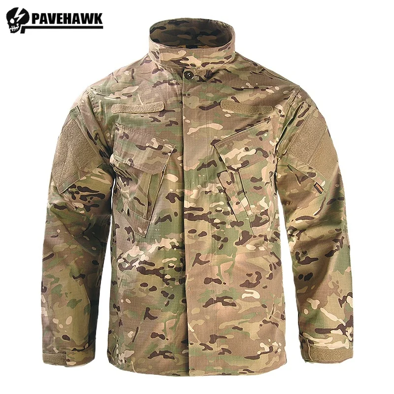 Tactical Training Jacket Mens Camo Wear-resistant Multi Pocket Hunting Coats Stand Collar Outdoor Hiking Waterproof Windbreaker