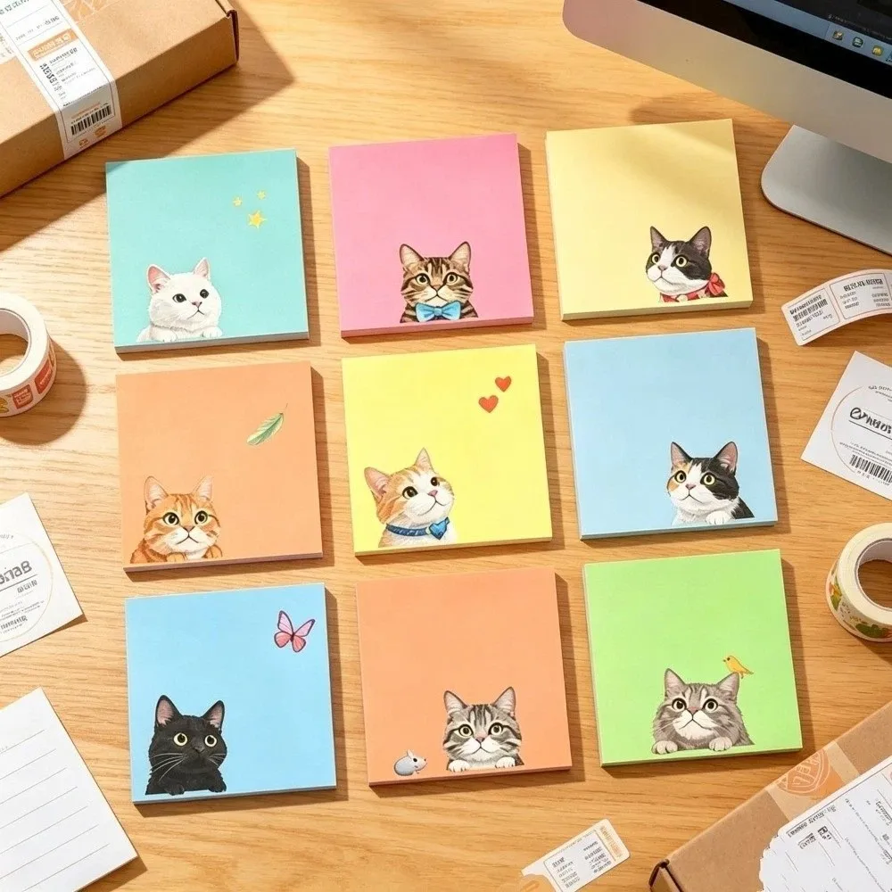 9pcs Set Cute Macaron Style Cartoon Sticky Notes Random Patterns Sticky Backing Colorful Page Markers Small Notepads Student