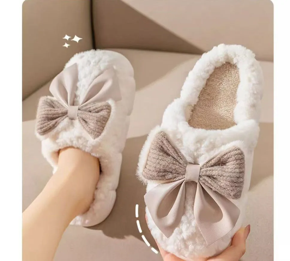 

Cotton slippers for women bow slippers for autumn and winter warm for women thick soled non slip home plush slippers