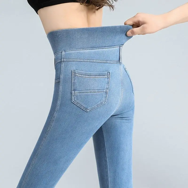 Women High-waisted Jeans Blue Calf Pants Stretch Denim Trousers Woman Clothing Sportswear Design Slim Fit Tummy Tuck Casual