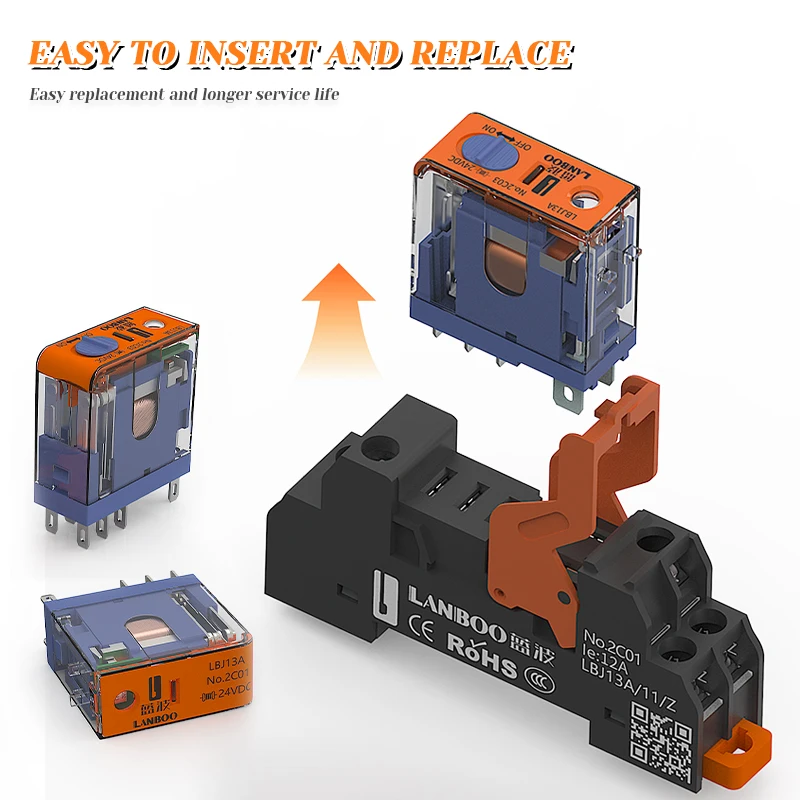 Relé Intermedio Universal LANBOO J13A 12A/8A de Microvoltaje, Enchufable, 5 Pines/8 Pines, 12VDC/24VDC/220VAC y Base se Vende por Separado