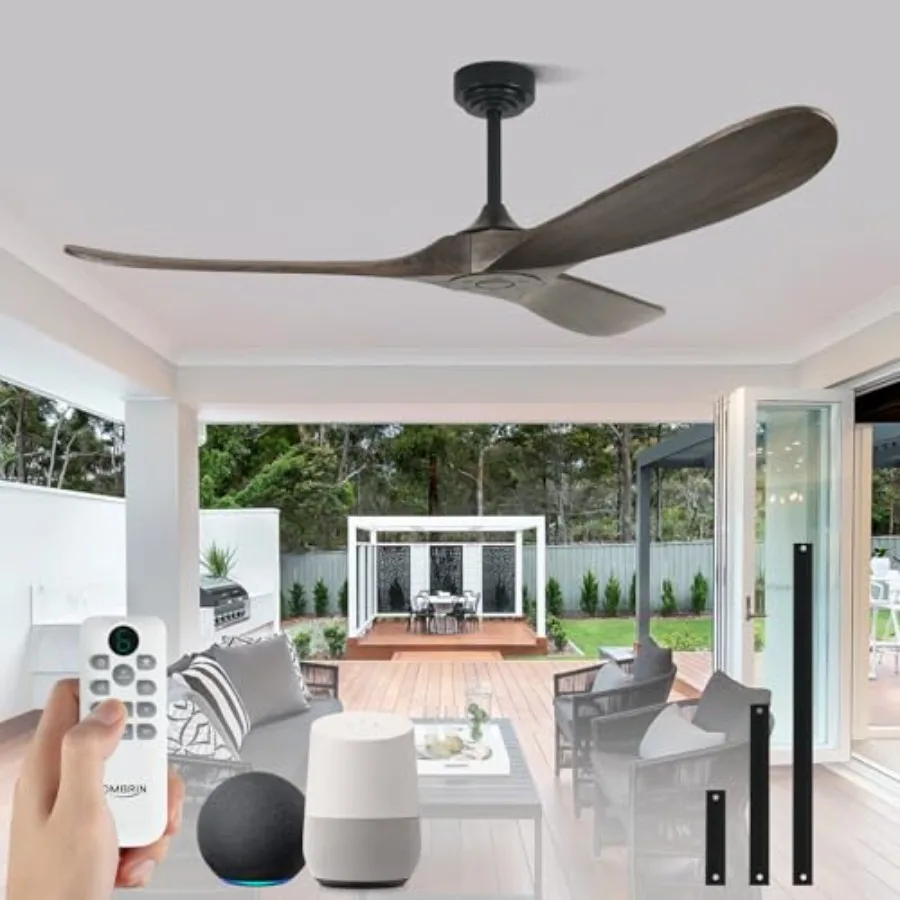 Outdoor ceiling fan for patios and farmhouse, wood material, deep brown color, high CFM airflow, no light, smart remote and Ale